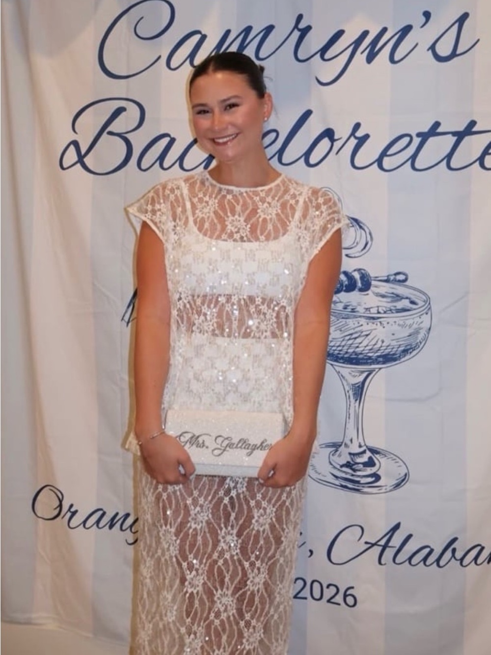 White Lace Maxi Dress with Sequin Overlay